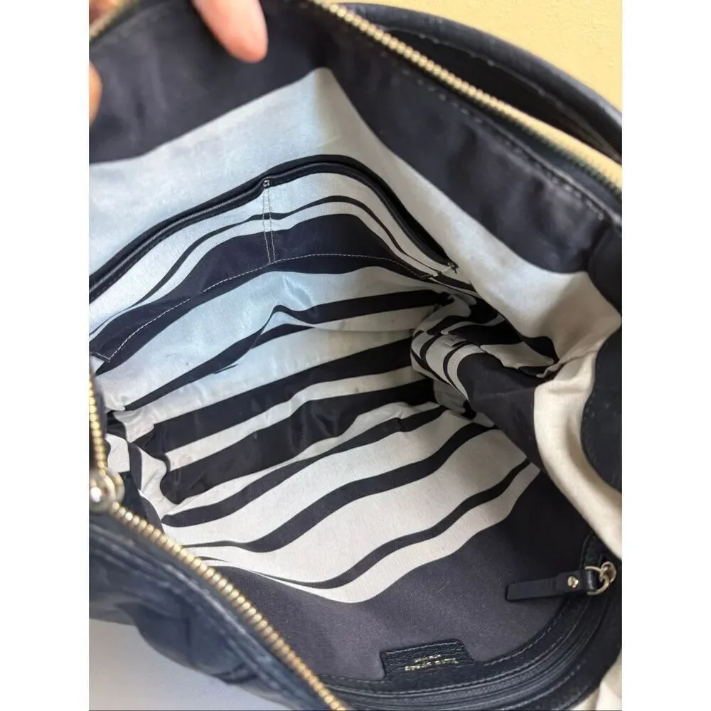 Kate Spade Classic Black Leather Purse with Zip Closure & Striped Lining